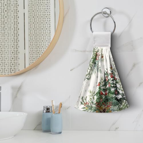 Christmas Tree Hanging Hand Towels Set of 2 Winter Cardinal Snow Xmas Pine Trees Kitchen Towels with Hanging Loop Nature Forest Dish Towel Soft Absorbent Bath Tie Towel for Bathroom Farmhouse Decor