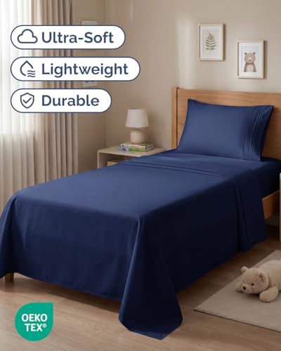 Twin Size 3 Piece Sheet Set - Comfy Breathable & Cooling Sheets - Navy Blue
