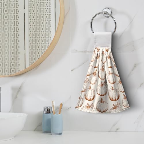 2 Pcs Fall Pumpkin Hanging Kitchen Towels Autumn Thanksgiving Hand Towels with Hanging Loop Burnt Orange White Pumpkins Dish Towels Soft Absorbent Bath Tie Towel for Bathroom Decor