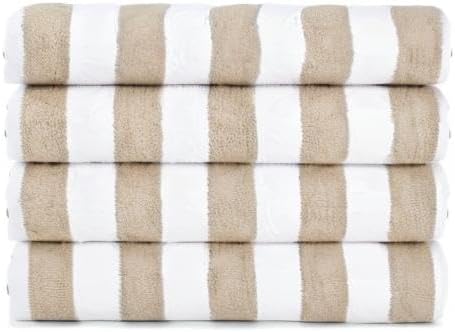 Arkwright California Cabana Stripe Beach Towel - Pack of 4, Large Soft Quick Dry 100% Cotton Terry Towels Set for Pool, Swim, and Hot Tub, Oversized 30 x 70 in, Beige