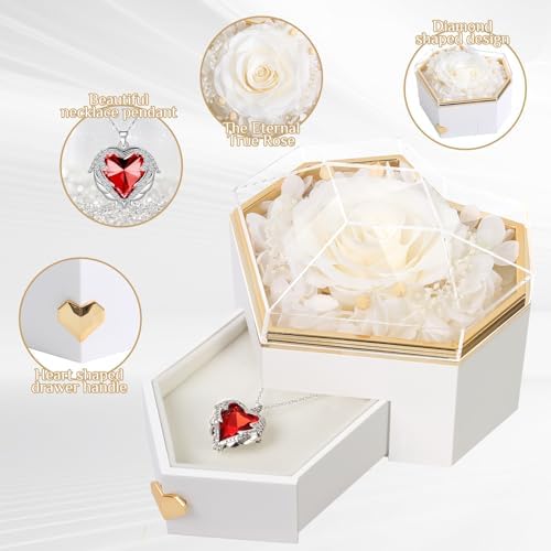 Preserved White Real Rose with Necklace Forever Flowers Diamond shaped Box for Mom Wife Girlfriend Grandma on Mothers Day Birthday Valentines Christmas Anniversary Beatiful Gifts for women