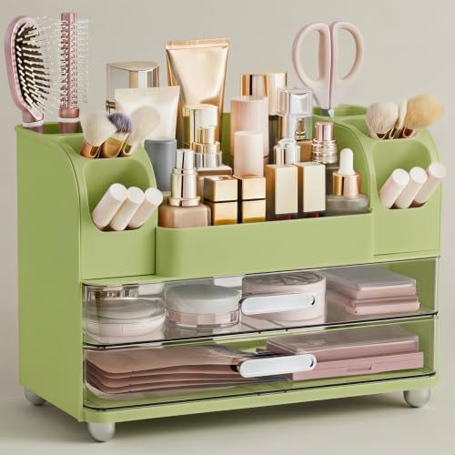 HBlife Makeup Organizer for Vanity with Brush Holder, Large Bathroom Countertop Cosmetic Organizer Skincare Storage, Easy to Store Lipsticks, Nail Polishes, Perfumes, Eyeshadow Palettes, Avocado Green