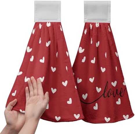 Valentine's Day Kitchen Hanging Towels Red Love Hearts Hand Tie Towels Set of 2 Valentines Dish Drying Towels with Hanging Loop Soft Absorbent Fingertip Bath Towel for Anniversary Wedding Home Decor