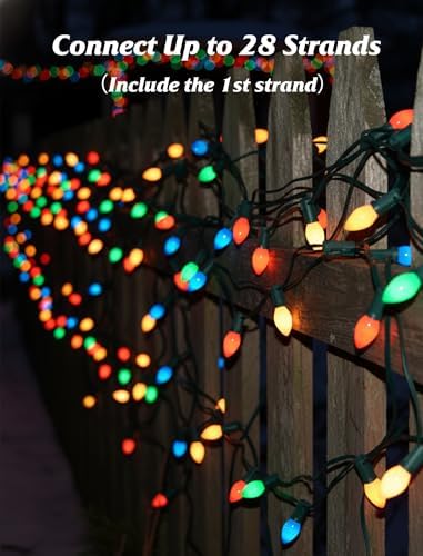 C7 LED Colored Christmas Lights Outdoor, 25FT Vintage Colored Christmas Lights with 25 LED Ceramic Glass Multicolor Bulbs for Xmas Roofline Indoor Outdoor Garden Patio Yard Decoration, Green Wire