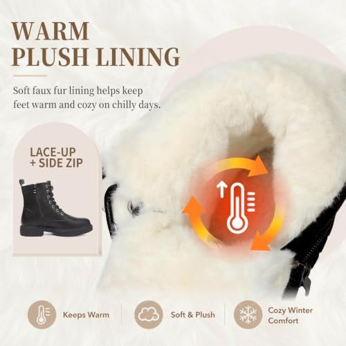 todaysunny Womens Combat Winter Boots Fur Lined Snow Boots Lace Up Side Zip