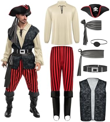 Spooktacular Creations Men Pirate Costume, Adult Pirate Shirt Vest Viking Pants Hat Set for Halloween Themed Parties