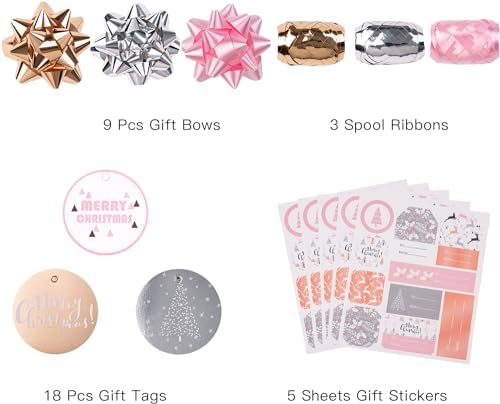 WRAPAHOLIC Christmas Wrapping Paper Set - Rose Gold and Pink Holiday Design with Metallic Foil Shine Wrapping Paper Bundle with Gift Bow & Ribbon & Tag & Sticker