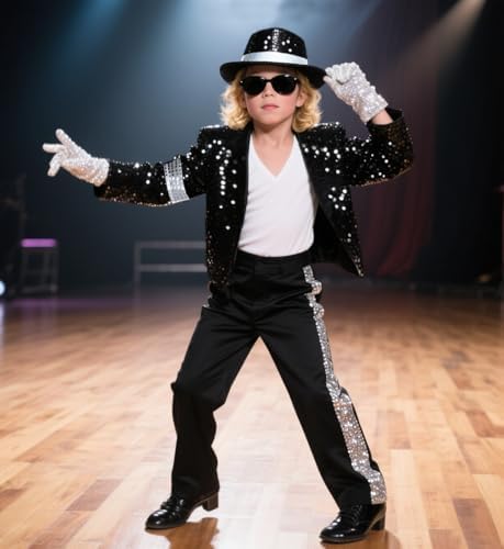 Dance Star Kids Costume for Boys 80s 90s Pop Stage Cosplay Party Halloween Role Play Black 3-12 Years