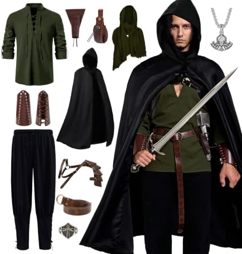Akokvlar 10 Pcs Men Renaissance Costume Medieval Pirate Shirt Ankle Banded Pants Viking Outfit Set