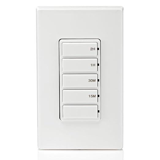 Leviton Countdown Timer Switch for household lights and exhaust fans, 15-30 min, 1-2 hour, No Neutral Wire Required, Single Pole, 15A, 1/2HP/9.8A Fan/Motor, DT102-1LW, White