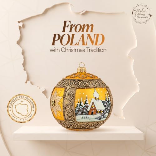 Polish Hand Blown Glass Christmas Ornaments Ball, Winter Charm Gold 5 in