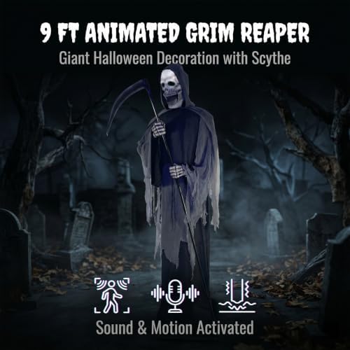 9FT Animated Grim Reaper Halloween Decoration - Sound Activated Halloween Animatronic Outdoor with Movement, Creepy Sounds and Light-Up Head, Giant Scary Reaper Prop, for Yard Porch Haunted House
