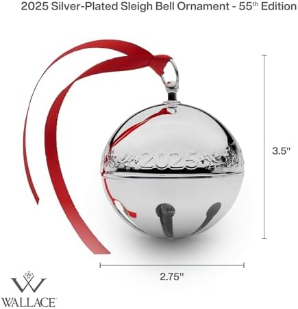 Wallace 2025 Silver-Plated Sleigh Bell Ornament 55th Edition - Cardinals and Poinsettias Holiday Collectible - Handcrafted Annual Christmas Bell with Gift Box