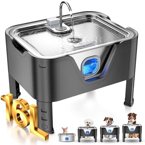 4.2Gal Dog Water Fountain for Large Dogs, 16L Stainless Steel Large Dog Fountain Water Bowl with Deeper & Wider Drinking Tray, Automatic Pet Water Dispenser with Visible Window (with Adjustable Stand)