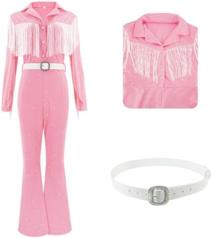 Women's Queen of Country Singer Costume Halloween Pink Fringe Bodysuit