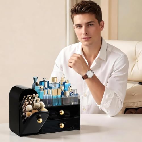 HBlife Makeup Organizer Countertop with Drawers, Cologne Organizer for Men, Vanity Organizers with Brush Holder, Bathroom Countertop Organizer Skin Care Storage, Gift for Dad Husband, Black and Gold