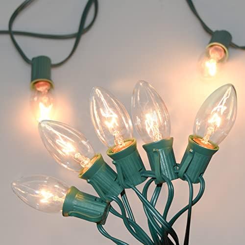 SUNSGNE C9 Clear Christmas Lights 25Ft Outdoor Christmas String Lights with 26 Clear Light Bulbs for Outdoor Patio, Cafe, Party Decor- Green Wire