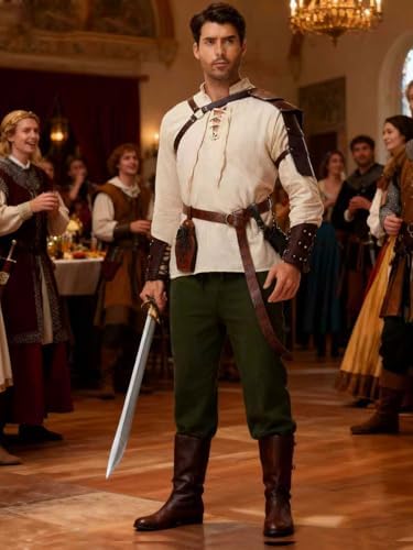 Men's Renaissance Costume,8 Piece Medieval Viking Pirate Outfit Set