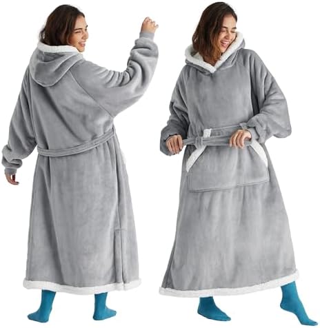 Bedsure Long Sherpa Wearable Blanket Hoodie, Grey, Standard