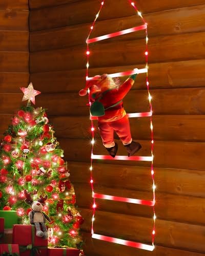 Toodour LED Christmas Light - 2.5FT Christmas Decorative Ladder Lights with Santa Claus, Xmas Decorations Light for Indoor Outdoor, Window, Garden, Home, Wall, Xmas Tree Decor - White & Red