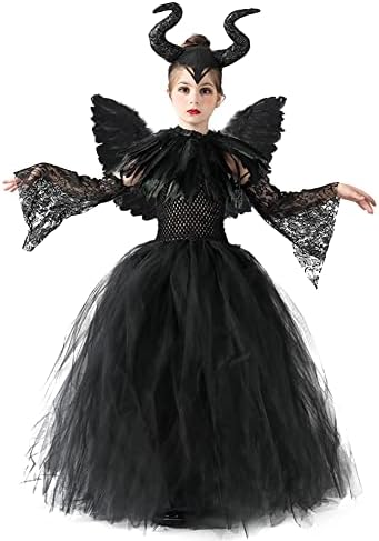 OBEEII Kids Girls Witch Costume Handmade Knitted Tulle Dress Evil Queen Dress Up Costume for Halloween Carnival Cosplay