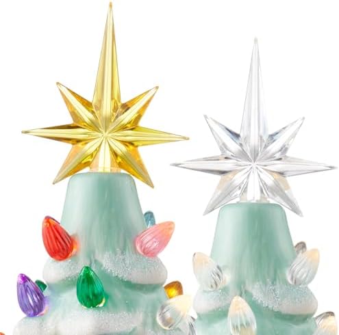 Casafield Hand Painted Ceramic Christmas Tree, Seafoam Snow Flocked 12-Inch Pre-Lit Tree with 100 Multi Color Lights and 2 Star Toppers