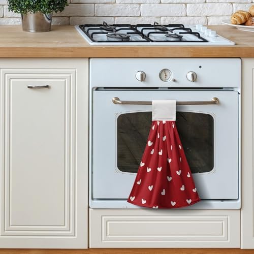 Valentine's Day Kitchen Hanging Towels Red Love Hearts Hand Tie Towels Set of 2 Valentines Dish Drying Towels with Hanging Loop Soft Absorbent Fingertip Bath Towel for Anniversary Wedding Home Decor