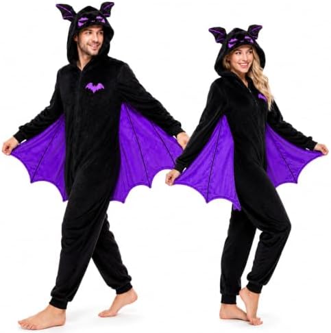 Adult Bat Costume Pajamas Flannel Hooded Onesie with Wings for Halloween