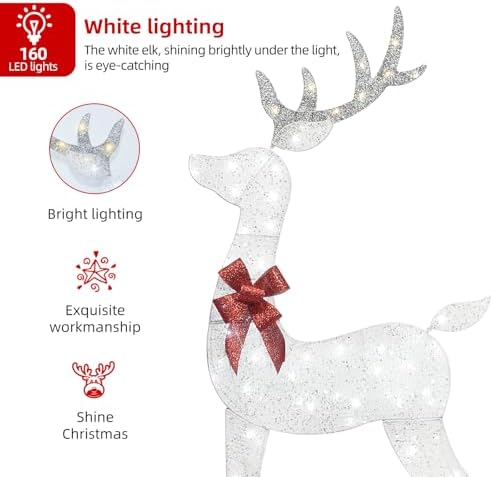 HOYECHI 5 FT Oversized Christmas Decorations Outdoor Lighted Reindeer – 3-Piece 2D Deer Family Set with 160 Warm White LED Lights for Yard, Lawn, Garden & Porch Holiday Display - White