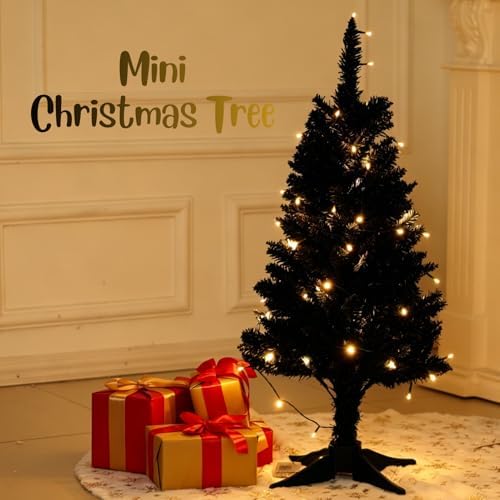 4ft Black Mini Artificial Christmas Tree Hinged Design with 100 Battery Powered LED Lights, 202 PVC Tips Small Black Xmas Tree for Apartment Corner Office Indoor Holiday Party Decorations