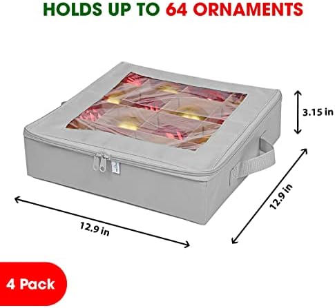 ProPik 4 Pcs Christmas Ornament Storage Boxes with Dividers, Transparent Top Zipper Closure, 4 Individual Ornament Holder Trays, Keeps 64 Holiday Ornaments, Ornament Organizer Storage Box (Gray)