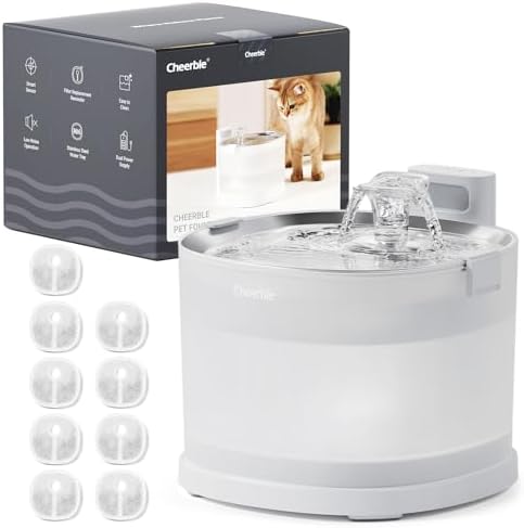 Cheerble Pumpless Pet Fountain Elfin E1+ with 9 Extra Filters, Wireless Pet Fountain Battery Operated, 2L/67oz E1+ Automatic Water Dispenser Cats & Dogs MagDrive™ Technology No Cleaning Hassle
