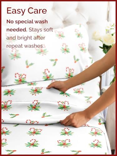Christmas Sheet Set, Candy Cane Mistletoe, Holiday Xmas Bedding Set - Twin