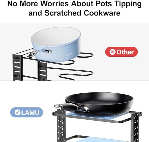 LAMU Pots and Pans Organizer for under Cabinet, 4-Tier Heavy Duty Pan Pot Organizers inside Cabinet, Adjustable Pot Rack Kitchen Cabinet Organization and Storage Holds up to 12" Cookware