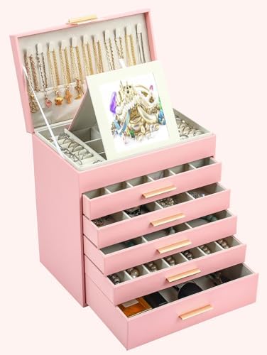 BOOVO Jewelry Boxes for Women, White and Black 6 Layer Large Jewelry Box for Necklace, Bracelet, Earrings, Rings Storage, Jewelry holder Organizer for Girls Gift (Pink, 6 layer)