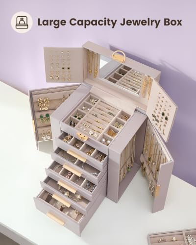 Lolalet Large Jewelry Box, 6-Layer Jewelry Organizer with 5 Drawers -Purple
