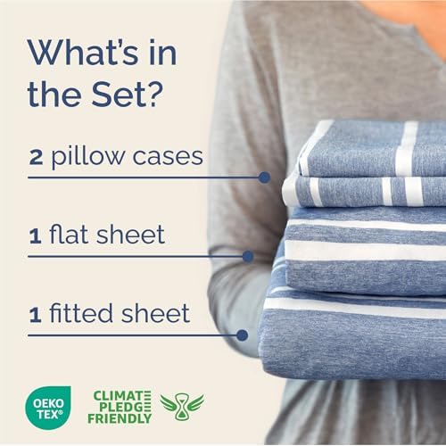 Full Size 4 Piece Sheet Set - Breathable & Cooling Sheets - Blue Stripes