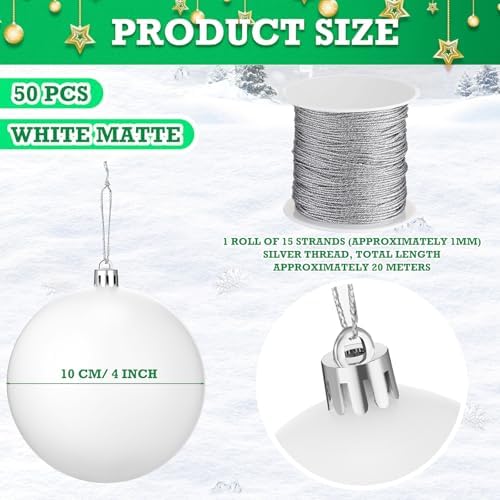 Wettarn 50 Pcs 4 Inch Christmas Ball Ornaments with Lid Rope, White