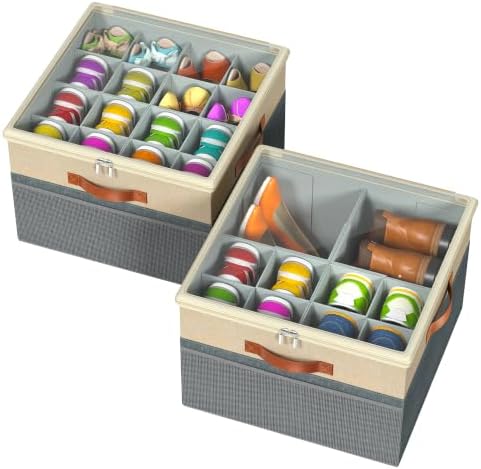 Shoe Organizer for Closet, 2 Pack Foldable Shoe Storage Organizer Box Bin with Adjustable Dividers and Clear Cover, Fits up to 16-32 Pairs（Grey&Beige）