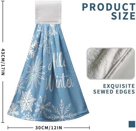 2 Pcs Winter Kitchen Towels with Hanging Loop, Blue White Snowflake Hand Tie Towels Oven Baking Cooking Dish Towels Soft Absorbent Fast Drying Hanging Towel for Bathroom