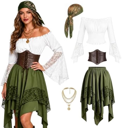 Women Pirate Costume Renaissance Medieval Outfit Halloween Top Skirt Set
