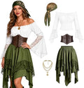 Women Pirate Costume Renaissance Medieval Outfit Halloween Top Skirt Set