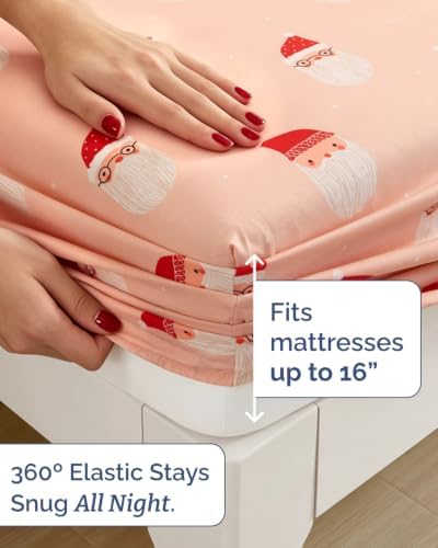 Christmas Sheet Set, Blush Santas, Holiday Xmas Bedding Set - Full Size