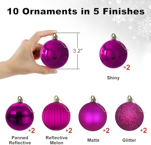 Fuchsia 3.2" Large Christmas Balls - Christmas Tree Decoration Ornaments Shatterproof Hanging Balls for Birthday Halloween Holiday Wedding Decorations Set of 10pcs