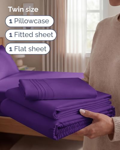 Twin Size 3 Piece Sheet Set - Comfy Breathable & Cooling Sheets - Purple