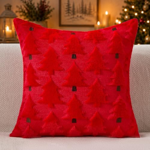 Allorry Christmas Pillow Covers 20x20 inch Set of 2 Christmas Decorations Soft Plush Faux Fur Wool Red Christmas Tree Throw Pillow Cases Winter Holiday Decor for Sofa Living Room PT012Q20