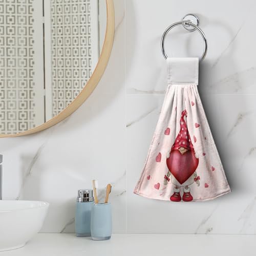 Valentine's Day Heart Hanging Kitchen Towels Romantic Gnome Bouquet Hand Towel with Hanging Loop Red Pink Love Dish Towel Soft Absorbent Fingertip Bath Towels for Bathroom Decor Set of 2