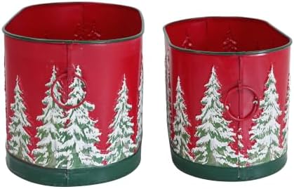 Set of 2 Christmas Metal Buckets, Oval Decorative Planters with Embossed Snow Pine Tree, Distressed Red Green Holiday Storage Tubs for Mini Christmas Tree, Tabletop & Porch Xmas Decor