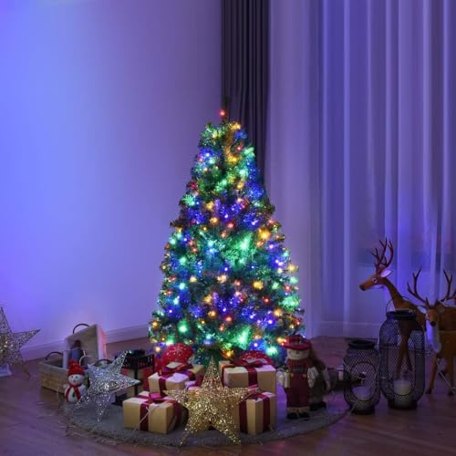 HAPPYGRILL 4FT Pre-Lit Christmas Tree with 300 PVC Branch Tips and Foldable Base, Premium Artificial Spruce Tree Hinged Xmas Tree for Holiday Decoration