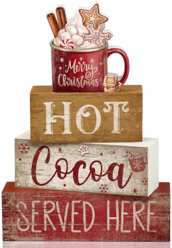 Moucuny 4 Pcs Christmas Table Decor for Home Kitchen, Wooden Coffee Cocoa
